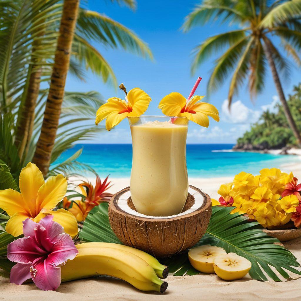 A vibrant tropical scene featuring a beautifully crafted banana smoothie in a coconut shell, surrounded by fresh bananas, colorful tropical flowers, and palm leaves. In the background, a sunlit beach with a clear blue sky adds to the refreshing vibe. Include a playful monkey peeking from behind a palm tree, adding a fun element to the image. super-realistic. vibrant colors. tropical theme.