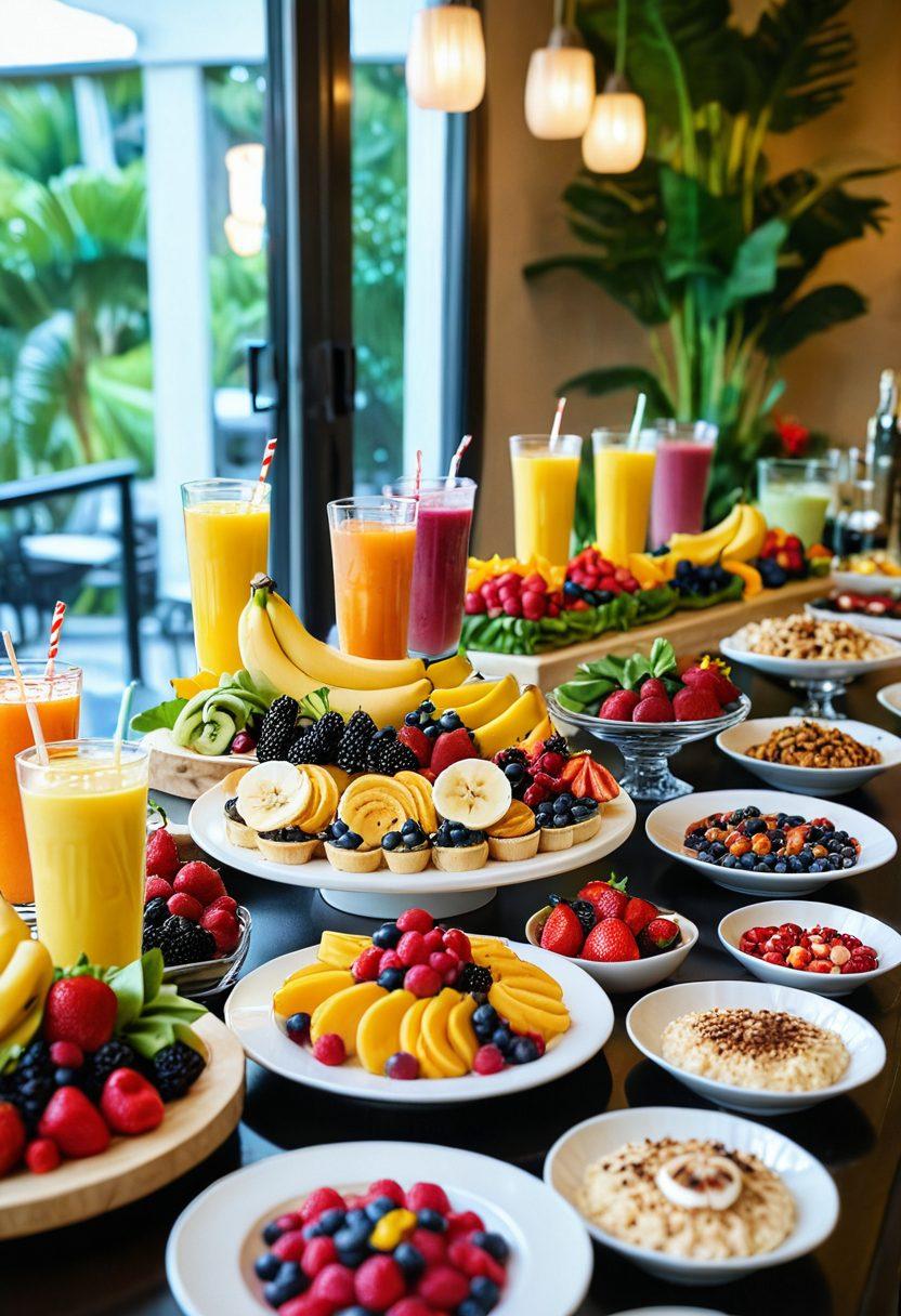 A vibrant and colorful banquet featuring a variety of beautifully plated banana creations, including smoothies, desserts, and gourmet dishes. The background is a bright, cheerful kitchen filled with fresh fruits, and subtle hints of tropical themes. Sparkling presentation with droplets of condensation on smoothies and decorative garnishes. The lighting is warm and inviting, highlighting the textures and colors of the dishes. super-realistic. vibrant colors. 3D.