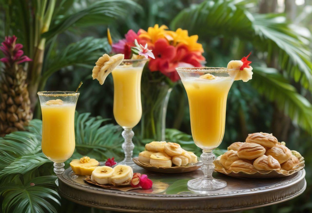 A luxurious tropical scene featuring a beautifully garnished banana cocktail in a crystal glass, surrounded by lush green palm leaves and vibrant flowers. In the background, an elegant dessert display with banana-infused pastries and colorful toppings sets the mood. Soft golden sunlight bathes the scene in warmth, evoking a sense of indulgence and relaxation. The overall composition should exude tropical elegance with inviting textures and colors. super-realistic. vibrant colors. 3D.